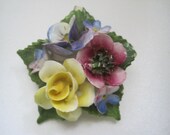 1950s Retro Ceramic Yellow Pink Flowered Brooch//Mid-Century Jewelry//Vintage Fifties Broche Made in England//Shabby Chic