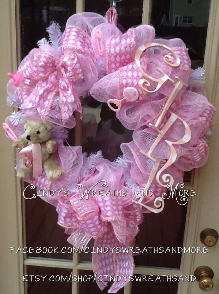 FREE SHIPPING Baby Girl Wreath, Baby Wreath, Pink and White, Hand painted Girl letters, Deco Mesh, Nursery Wreath, Baby Shower,