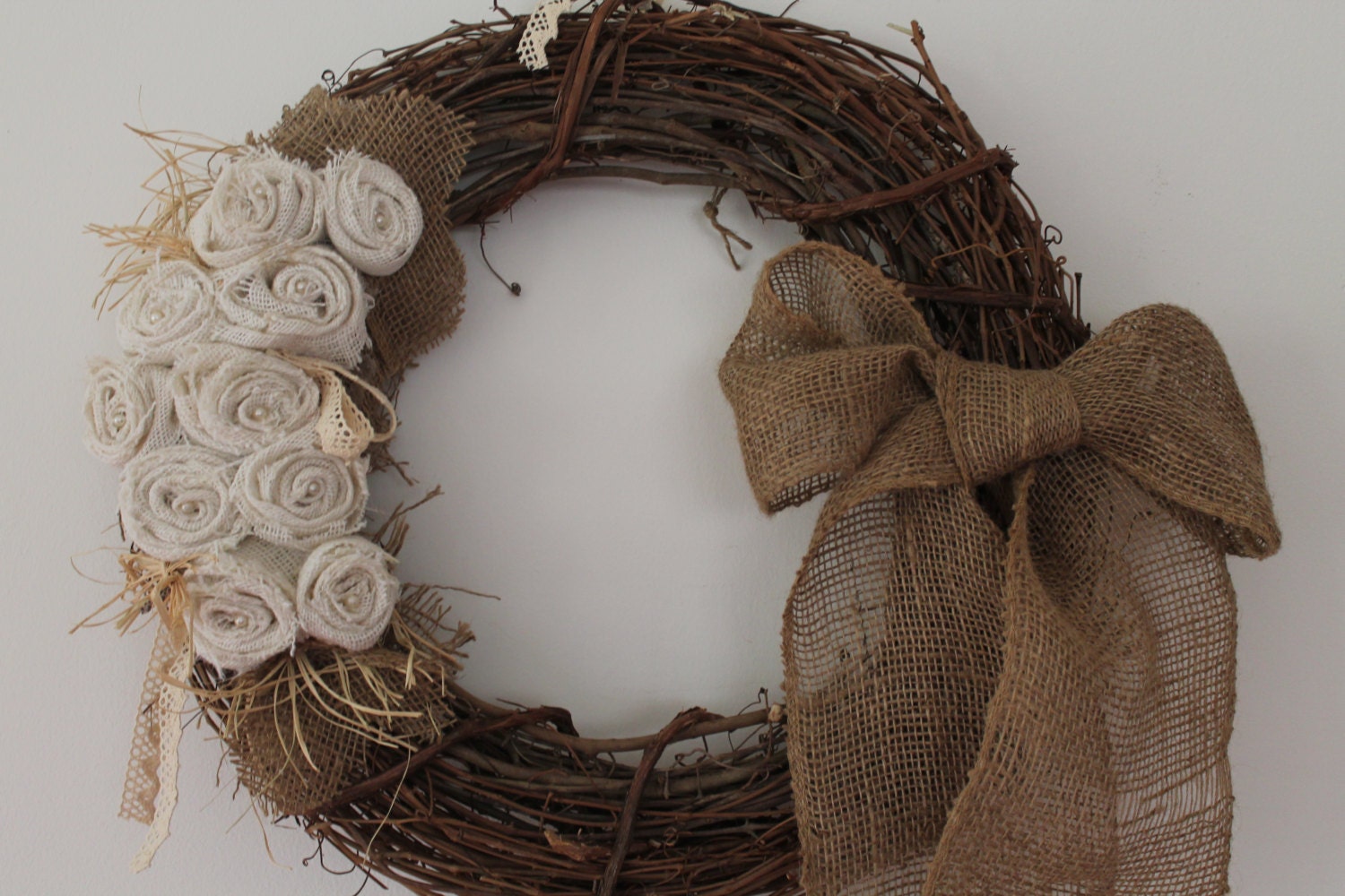 Shabby Chic Burlap Wreath w/Ivory Rosettes