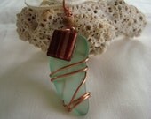 Wire Wrapped Pale Green Recycled Glass Pendant Faux Sea Glass with Ribbon Necklace Mosaic Glass