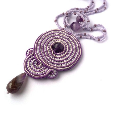 Proved Pendant with Amethyst ,Soutache jewelry, Violet hand embroidery Pendant, Handmade jewelry, - PinkiWorld