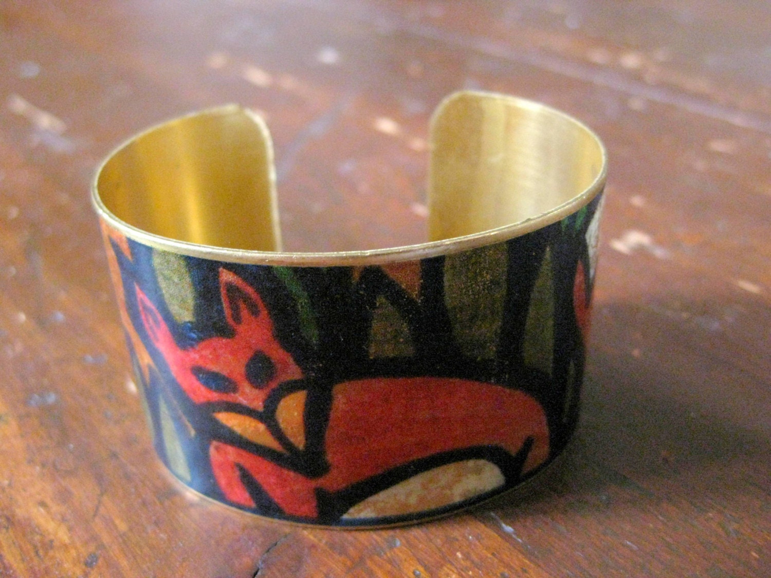 Fox Cuff Bracelet - Brass Cuff With Woodland Fox Drawing - Spring Summer Jewelry - Cartoon Fox