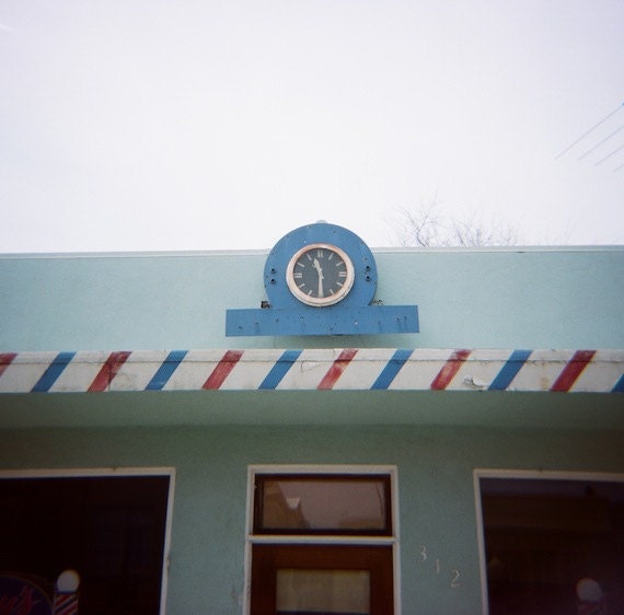 Barber Shop - 5x5 retro print (old town photograph, color photo from film, old time barber shop, red and blue, nursery decor, vintage style)