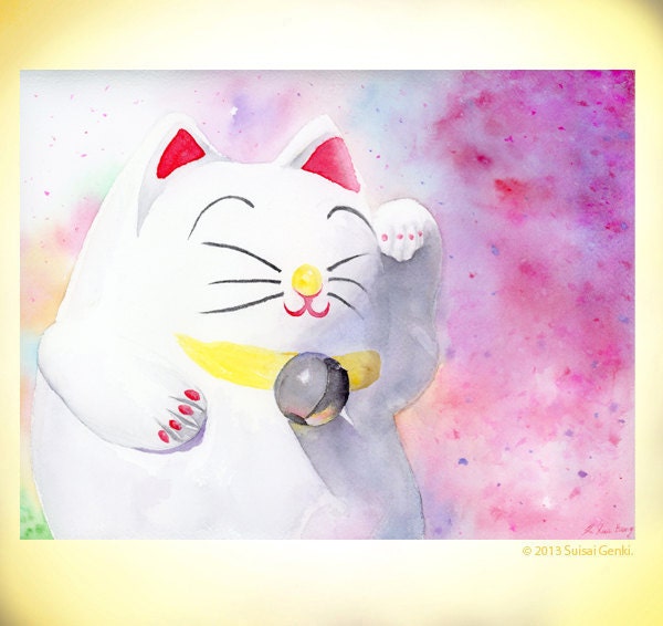 Maneki-Neko / lucky Cat / Spring - Art Watercolor Painting by Suisai Genki/ 8x10" Giclee Fine Art Print / Pink / Red / Yellow / White