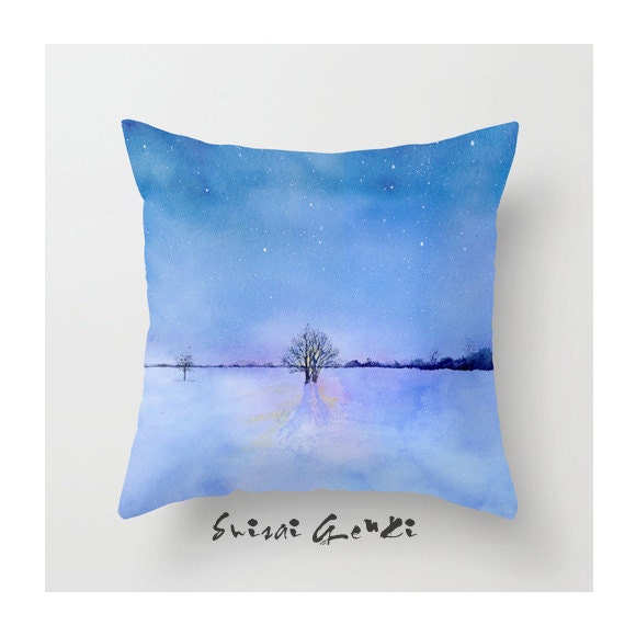 Starry Starry Night over the Hokkaido - 20x20, Pillow Cover, Art Watercolor Painting by Suisai Genki, Blue, Purple, Tree, Star, Starry
