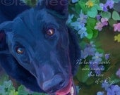 Black Labrador Dog Standing in Flowers, Looking Up. 8x8 Print