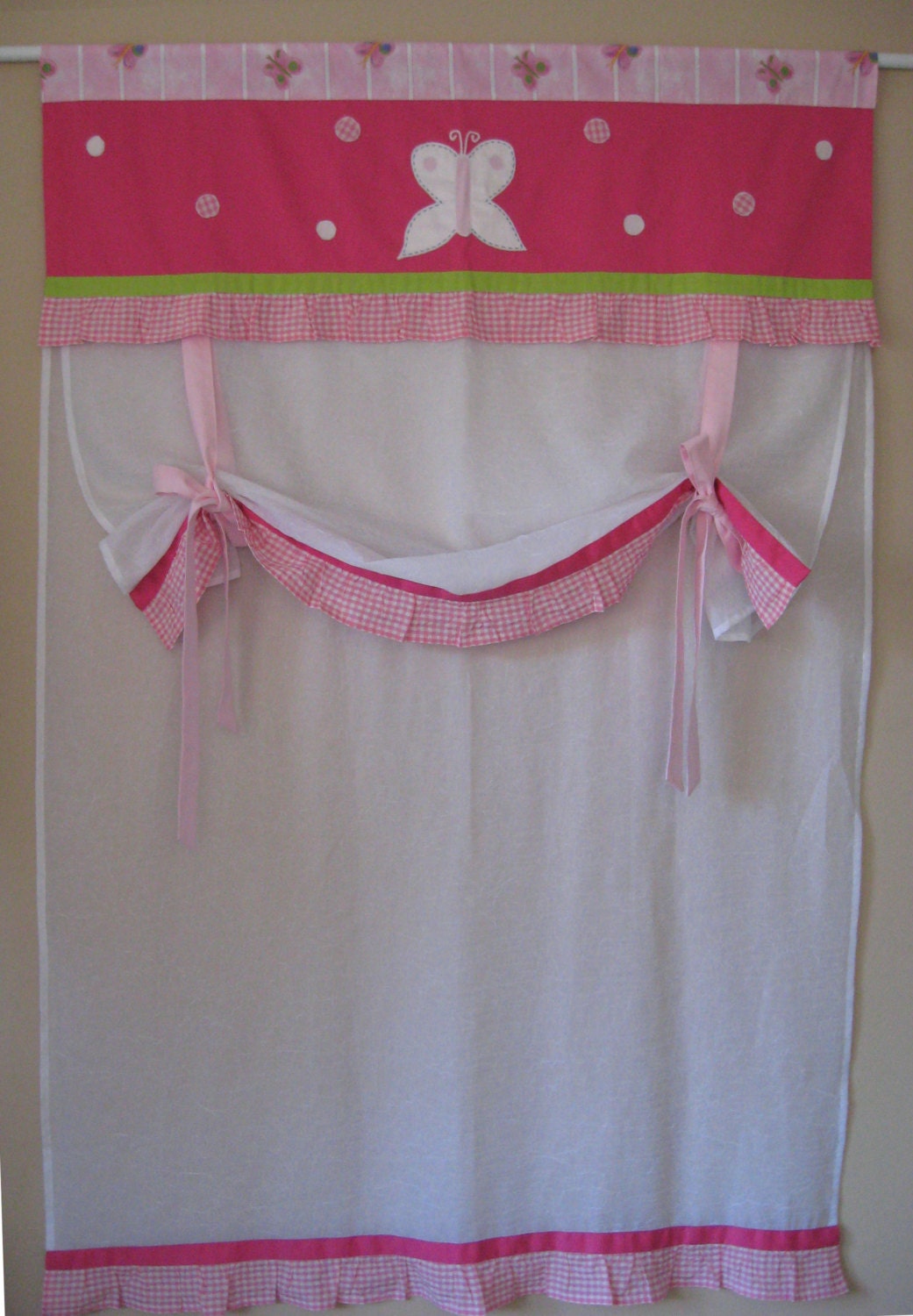 Buy contemporary window treatments - Pink,green,white,butterfly,girls room,nursery,ruffle,window treatment,curtain,valance - Spring,summer,bright colors,modern home decor
