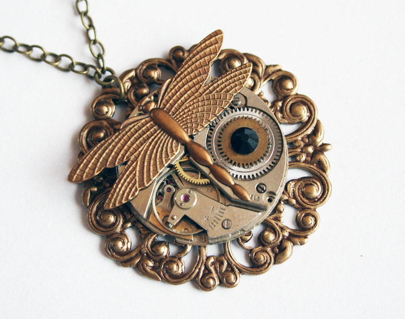 Steampunk Necklace - with Genuine Vintage Watch Movement, Black Swarovski Crystal and a Brass Dragonfly on Brass Decorative Filigree