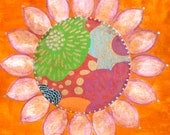SPRING orange flower drawing sun Nectarine Tangerine Orange Green Red and White Original Multi Media Art 12x12