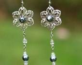 Flower and Blue Round Beat Dangle Earrings