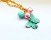 Butterfly Necklace,  Verdigris Patina Necklace, Charm necklace, Delicate Necklace, Turquoise Necklace