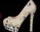 Sale Sale White Bridal Shoes Crystal Pearl flower  handmade Bridal Shoes,Party Shoes,white shoes,,spring shoes,high-heeled shoes