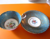 Aynsley English Bone China Teacup and Saucer Teal - Vintage Collectible Porcelain