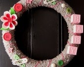 Soft Creamy Yarn Wreath with handmade felt flowers - pink, soft green, cream, beige, BABY