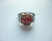Vintage Costume Jewellery Art Deco Red Marbled Glass Cabochon Set Chrome Metal Ring Uk Size M