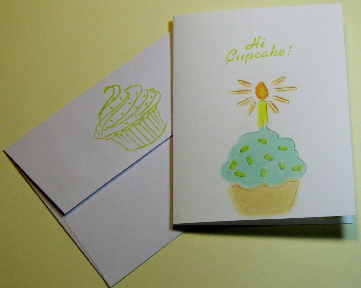 Hi Cup Cake - Embossed Note Card - Hand colored with pastels