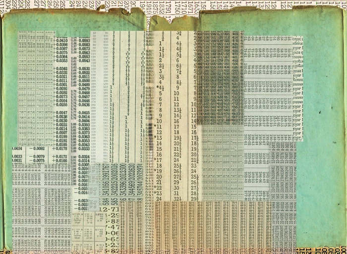 Collage, mixed media art, digital print, hand colored, abstract, 16 x 12 - Green book and numbers