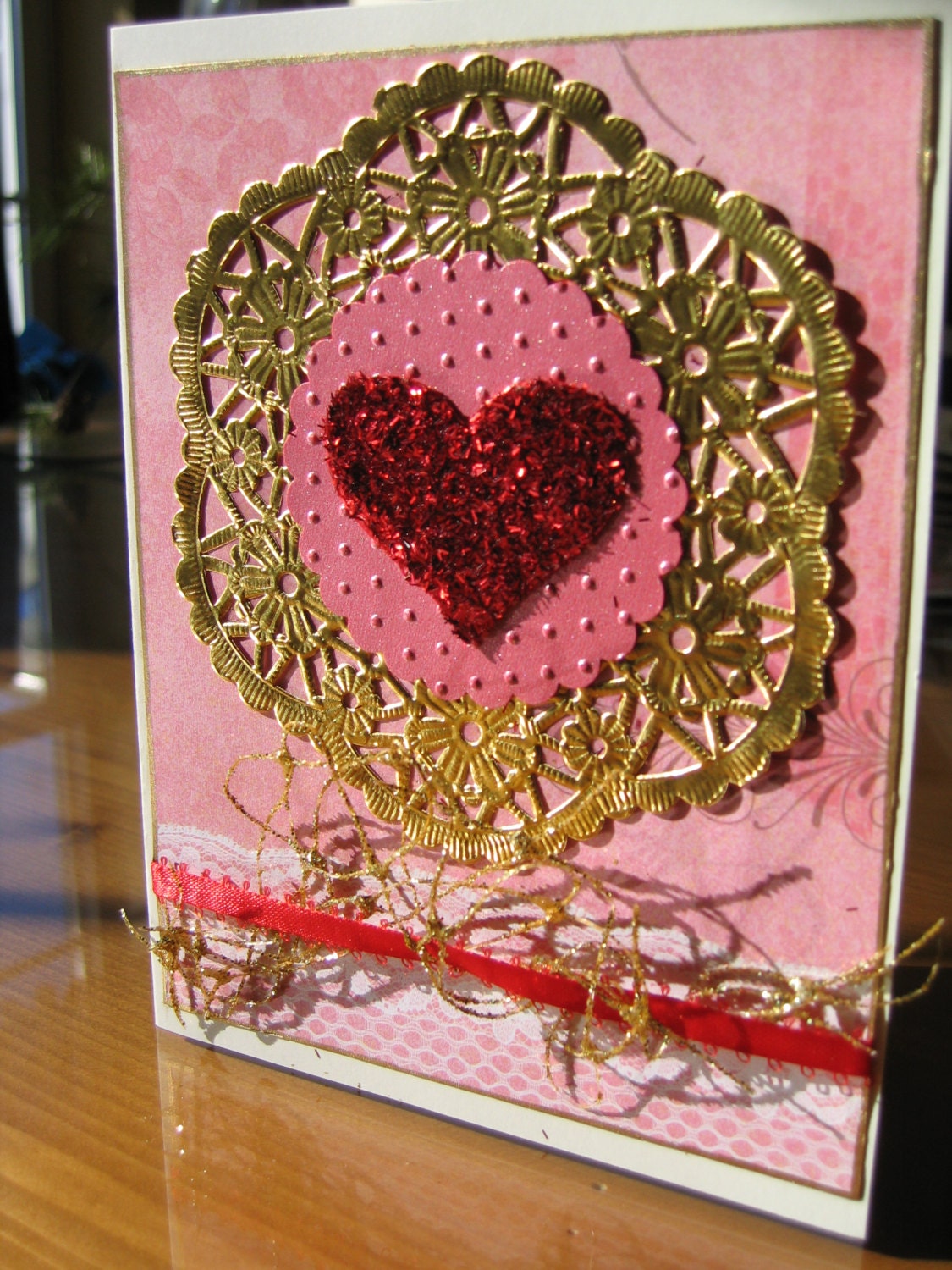 Romantic I love you Card -Old Fashioned Gold Doily Heart- Engagement - Wedding - Anniversary