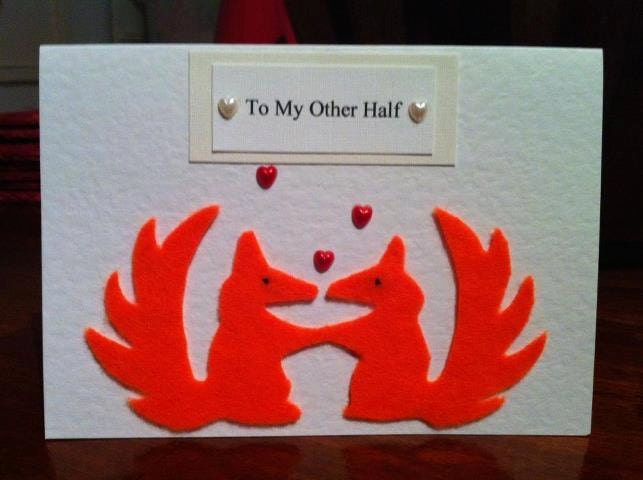 Handmade Card with Hand-Cut Kissing Felt Squirrels/Foxes and Finished with Pearlescent Heart Jewels
