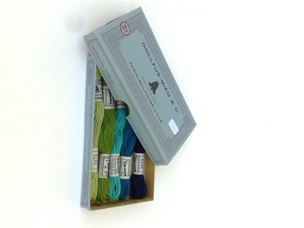 DMC French Box containing 5 Skeins Embroidery Floss / Thread Vintage Packaging and Embroidery Thread Blues Greens Dollfus-Mieg & Co
