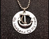 Hand Stamped Washer Necklace Navy Wife My Husband My Hero Boot Print Jewelry Great Gift for Wife or Girlfriend Marine