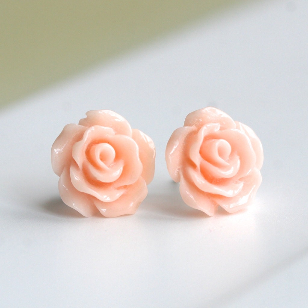Handmade peach rose earrings, sterling silver, flowers, peach, resin flower cabochon, flower studs, post earring, Petite Mimi Jewelry
