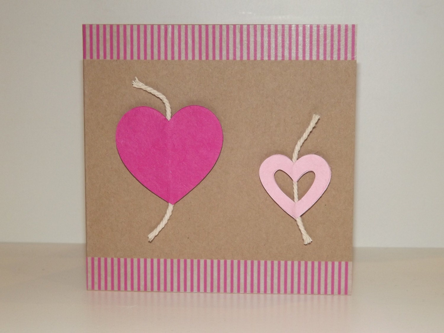 Handmade Greeting Card - Pink Candy Striped - Hearts - Kraft - 100% Recycled - Blank - Mothers Day - Gift