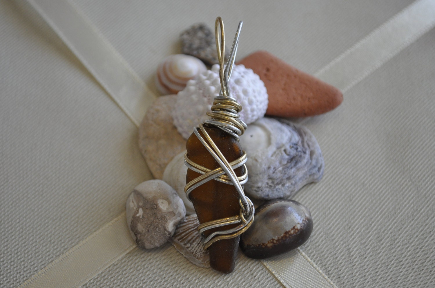 Wire Wrapped Handmade Sea Glass Pendant- Brown with Silver and Gold Wire