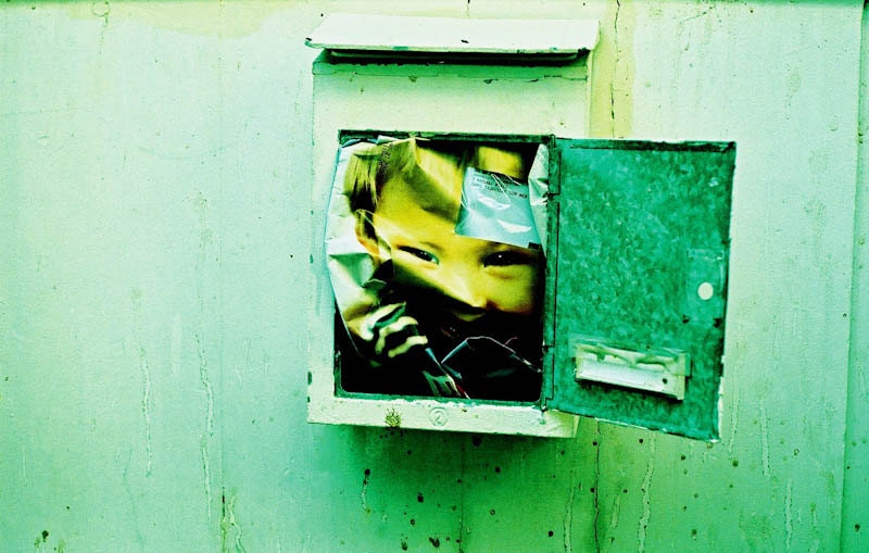 Street Photography Mail box Green Yellow Children Face Home Decoration France 8x12 Photography print Film Angelslittleworld by Ange Costes