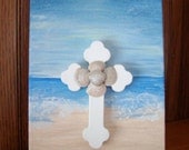 SALE Hand painted beach scene, 8 x 10 canvas, acrylic painting, Celtic style wooden cross, sea shells, seascape, OOAK, Special Price,