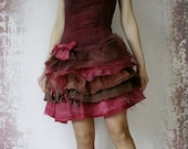 Party Dress Art Doll Boho Chic Rag Style Upcycled Hand Dyed Dark Wine Red & Brown Stretchy Lace Mesh Dress By Zollection