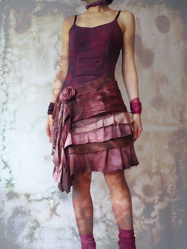 Boho Chic Gypsy Style Upcycled Hand Dyed Cocoa Brown Lace Layered Skirt With Flower Brooch Pin For Prom Grad Night Dance Party By Zollection