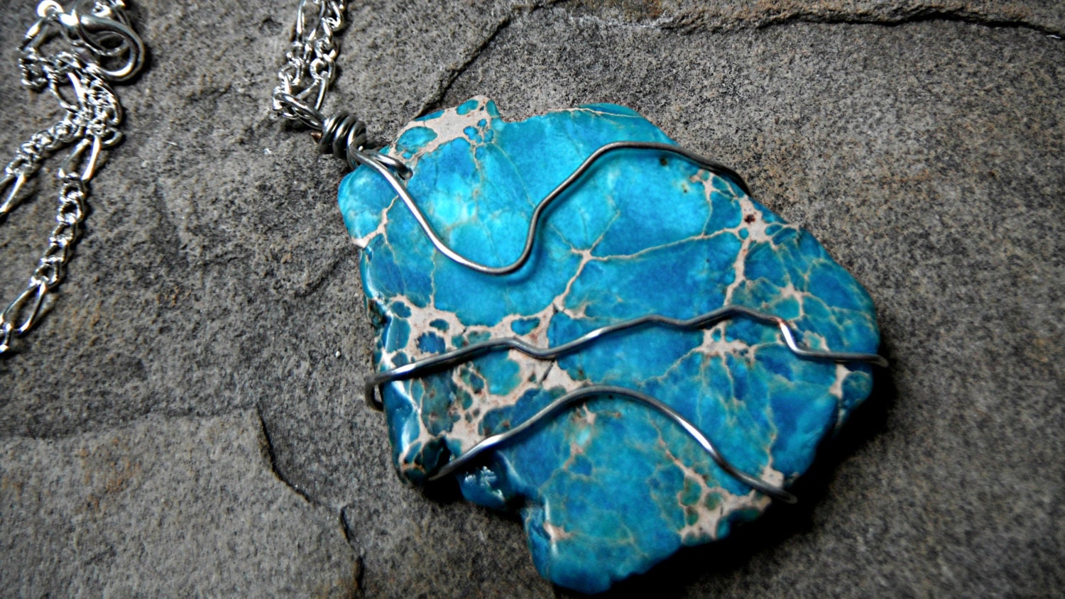 Wire Wrapped Turquoise Blue Sea Sediment Jasper Stone Bead Pendant Necklace - stone necklace, wire wrapped handmade jewelry, blue necklace