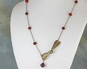 Convertibles: Antiqued Brass Dragonfly Wine Red Glass Bead Chain Czech Bead Necklace AND Bracelet