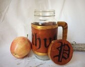 Personalized Travel Mug: Recycled Mason Jar, Tooled Leather Sleeve and Cap, Leather Handle. Your Name and Initial.