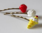 Ice Cream Dream Summer Bobby Pin Set: Ice Cream and Strawberry Resin Cabochon Yellow and Red Hair Pins