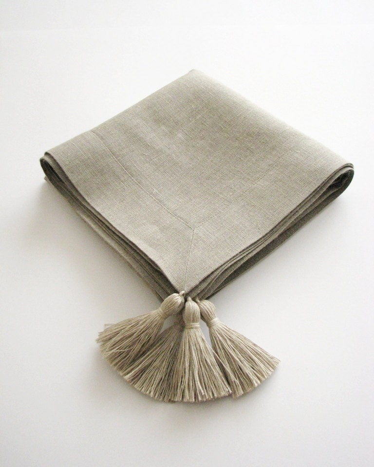 Linen tablecloth square 35x35 natural gray with decorative tassels classic border