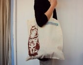 Cotton Printed Cat Tote Bag,  Shopping Bag, with printed cat, cat bag, cotton bag beige
