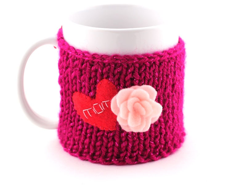 Coffee Tea Mug Cup Cozy Sleeve - Knit I Love Mom, Mother's Day Heart with Rose Cozy