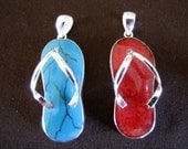 Sterling Silver Flip Flop (Thong) Sandal Pendant in Blue Turquoise or Red Coral