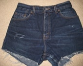 Vintage Studded High Waisted Dark Wash Distressed Frayed Cut Off Denim Shorts Size 28" Waist