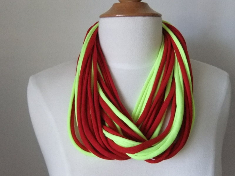 Neon Yellow & Red Necklace,Upcycle Infinity Scarf, T-shirt Long  Necklace, Womens Teens Necklace,Spring Scarf