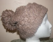 beanie hat, slouchy, Extra Large, Chunky, Grey, Cable knit, pom pom
