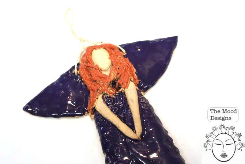 handmade ceramic guardian angel  purple ornament wall hanging  hausewarming baptism wedding art unique pottery gift the mood designs