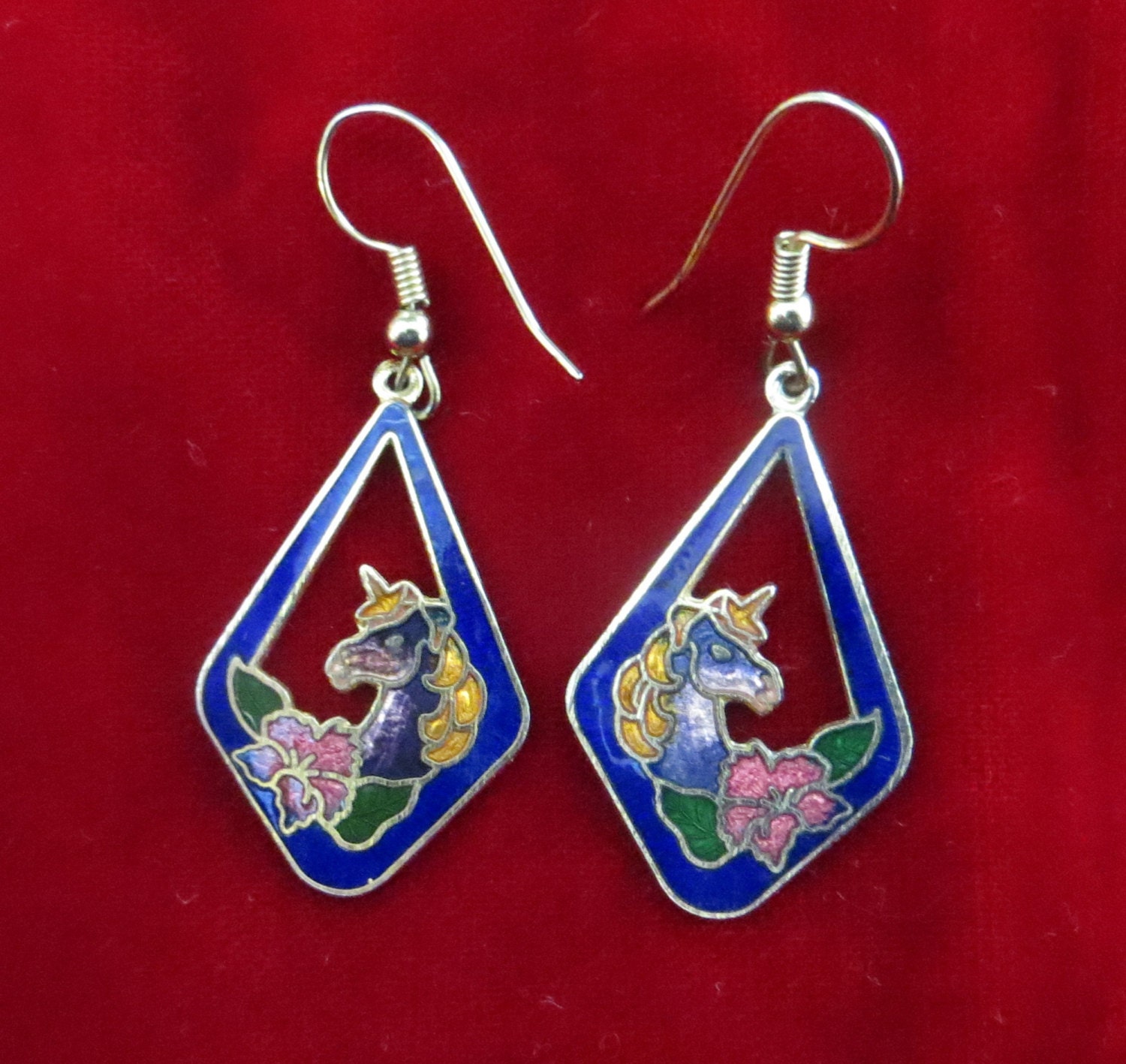 REDUCED 1980s Vintage Unicorn Cloisonne Blue Purple Dangle Hanging Earrings for Spring SALE