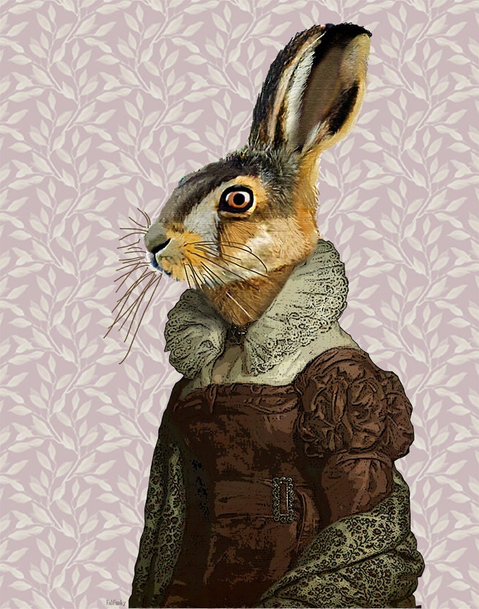 Madam Hare 14x11 Original Illustration Art Print Mixed Media Painting Animal Painting Wall Decor Wall hanging Wall Art Rabbit