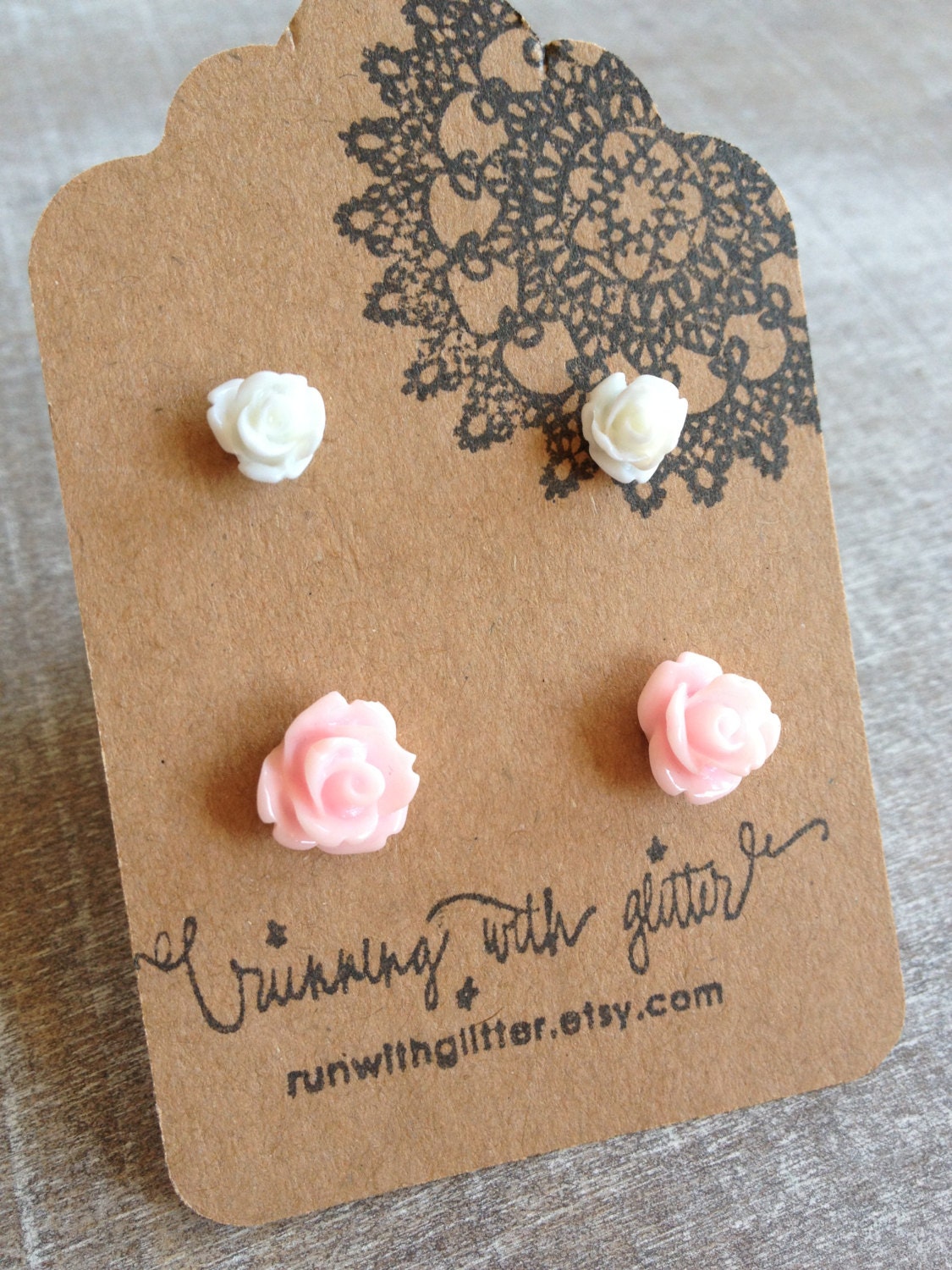 White and Light Pink Rose Earring Studs