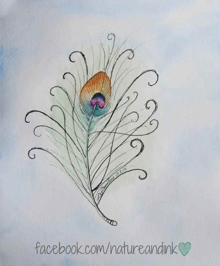 Peacock Feather Ink & Water color Original Illustration Painting Wall Art 9X12
