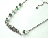 Silver feather necklace, green crystal necklace, asymetrical necklace, feather jewellery