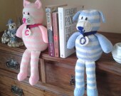 Cat and Dog Book Ends Knitting Pattern. Cute Pink & Blue Toys Double Knitting - PDF Download